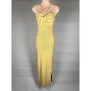 MIOU MUSE yellow knit halter maxi dress side slit twist front